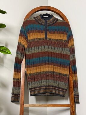 Novica MEDIUM Multicolored Ribbed 100% Alpaca 1/4 Zip Pullover Sweater Peru Made
